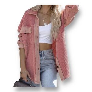 Vici Oversized Waffle Knit Button Down Shacket Shirt in Dusty Rose, Size Small